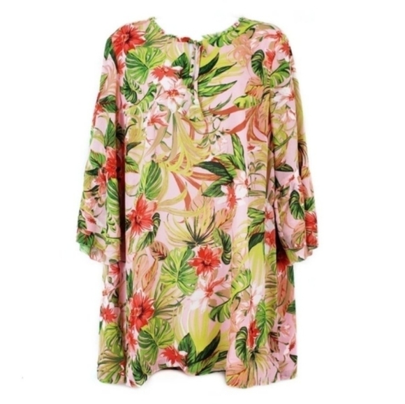 J Jill Pink Tropical Print Chiffon Tunic Top Size MP Hawaiian Tassels 3/4 Sleeve - Picture 1 of 11
